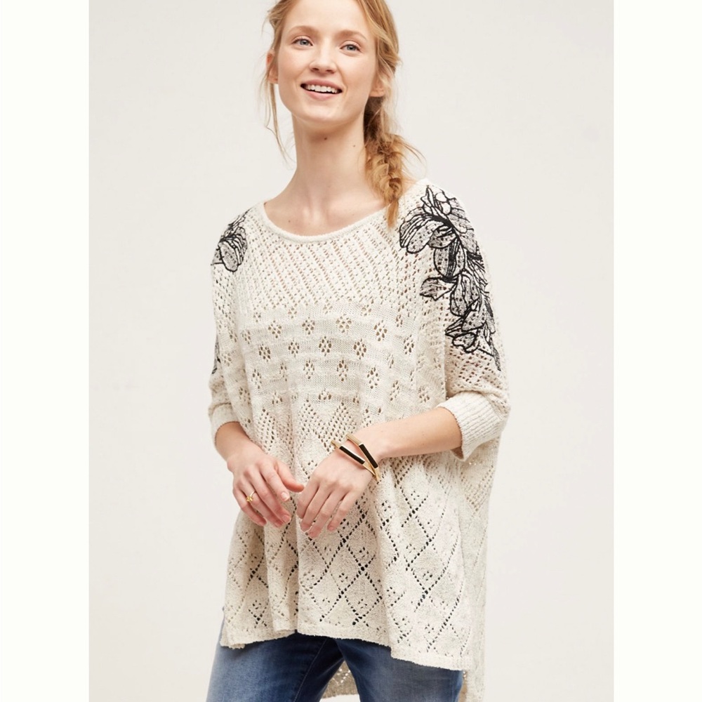 Anthropologie Ivory Knit Poncho with Black Floral Accents